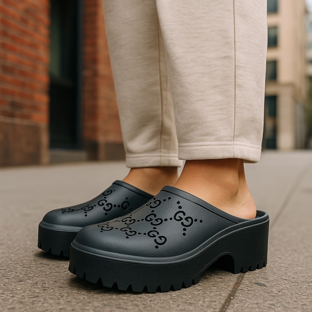 Gucci Black Leather Platform Mules